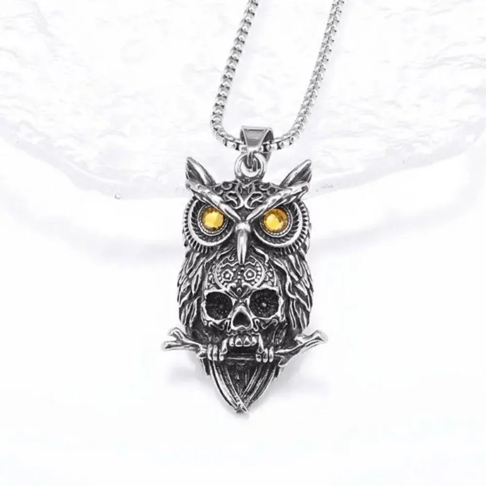 Stainless Steel Gothic Owl Skull Pendant Necklace